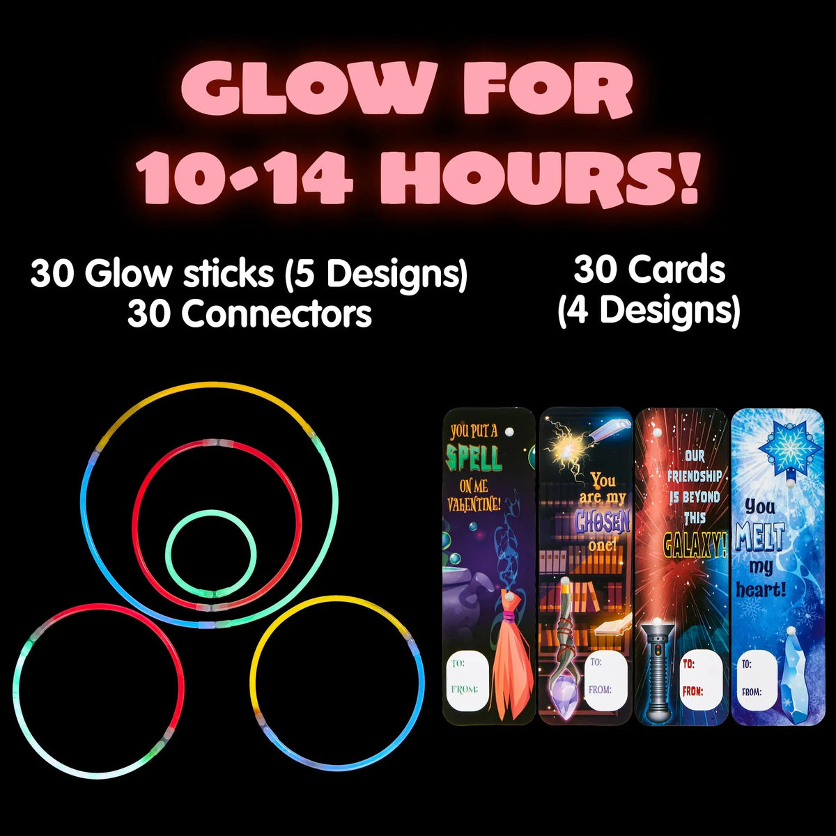 30Pcs Kids Valentine's Cards with Glow Sticks - Classroom Exchange Gifts