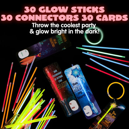 30Pcs Kids Valentine's Cards with Glow Sticks - Classroom Exchange Gifts