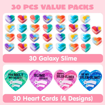 30 Cosmic Realm Slime Hearts with Valentine's Day Cards for Kids Classroom Exchange