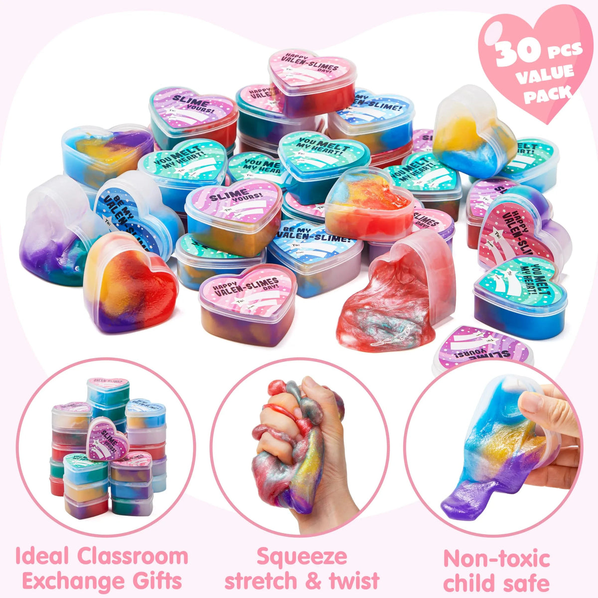 30 Cosmic Realm Slime Hearts with Valentine's Day Cards for Kids Classroom Exchange