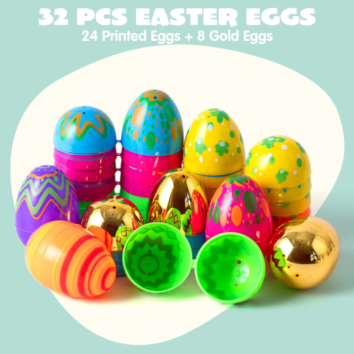 32Pcs 3.15in Printed Easter Eggs with 8 Golden Eggs for Easter Egg Hunt