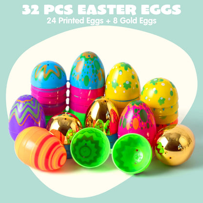 32Pcs 3.15in Printed Easter Eggs with 8 Golden Eggs for Easter Egg Hunt