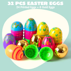 32Pcs 3.15in Printed Easter Eggs with 8 Golden Eggs for Easter Egg Hunt