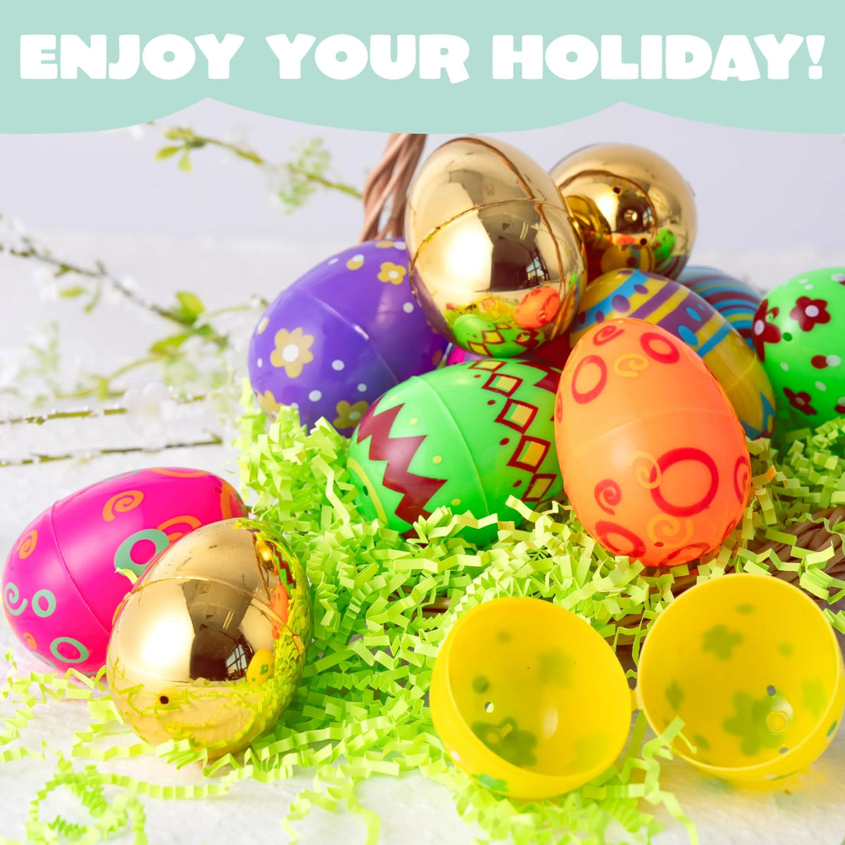 32Pcs 3.15in Printed Easter Eggs with 8 Golden Eggs for Easter Egg Hunt