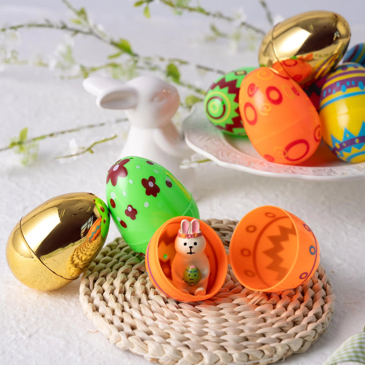 32Pcs 3.15in Printed Easter Eggs with 8 Golden Eggs for Easter Egg Hunt