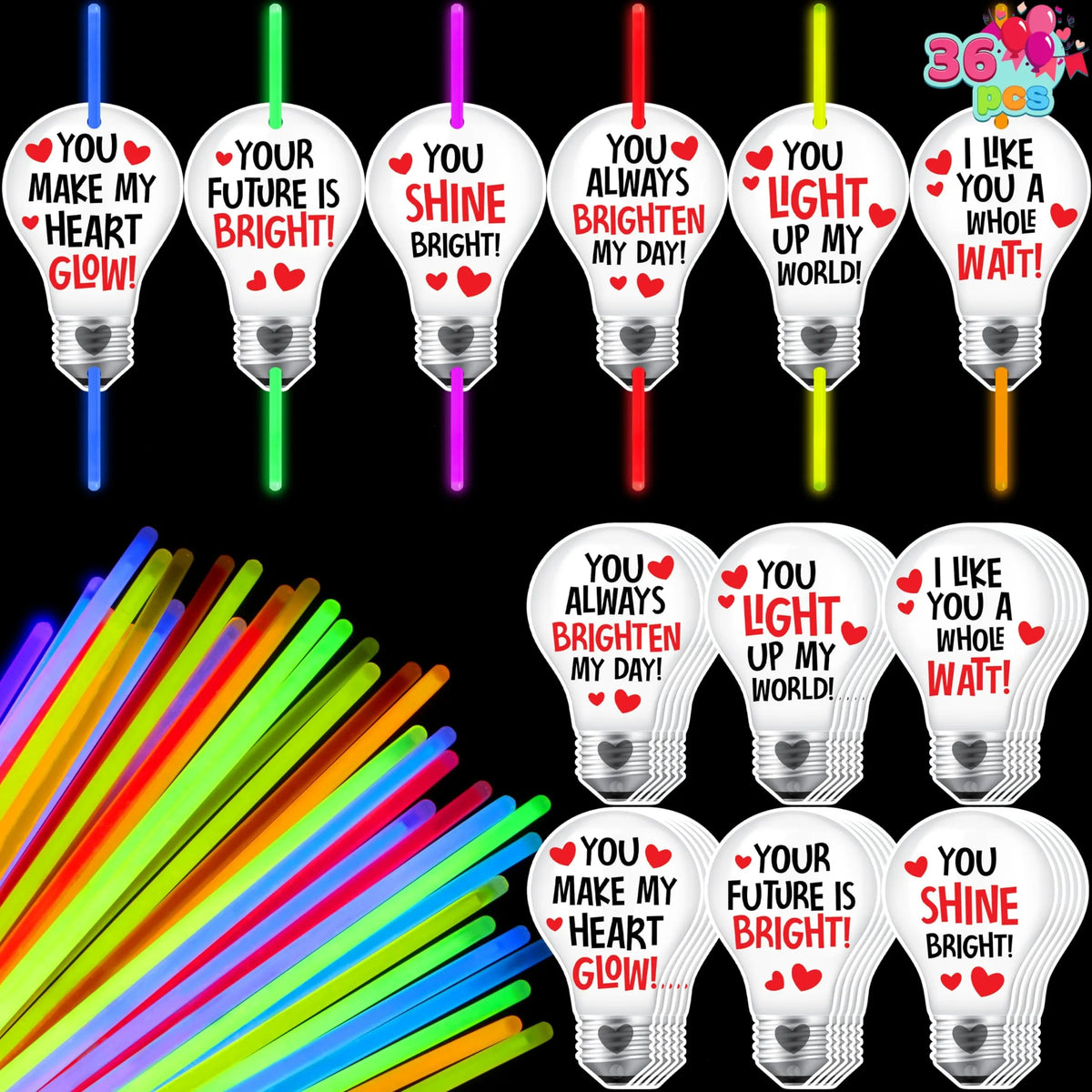 36 Neon Valentine's Day Gift Cards with Glow Sticks and Glow Necklaces