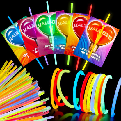 36 Neon Valentine's Day Cards with Glow Stick Bracelets for Classroom Exchange