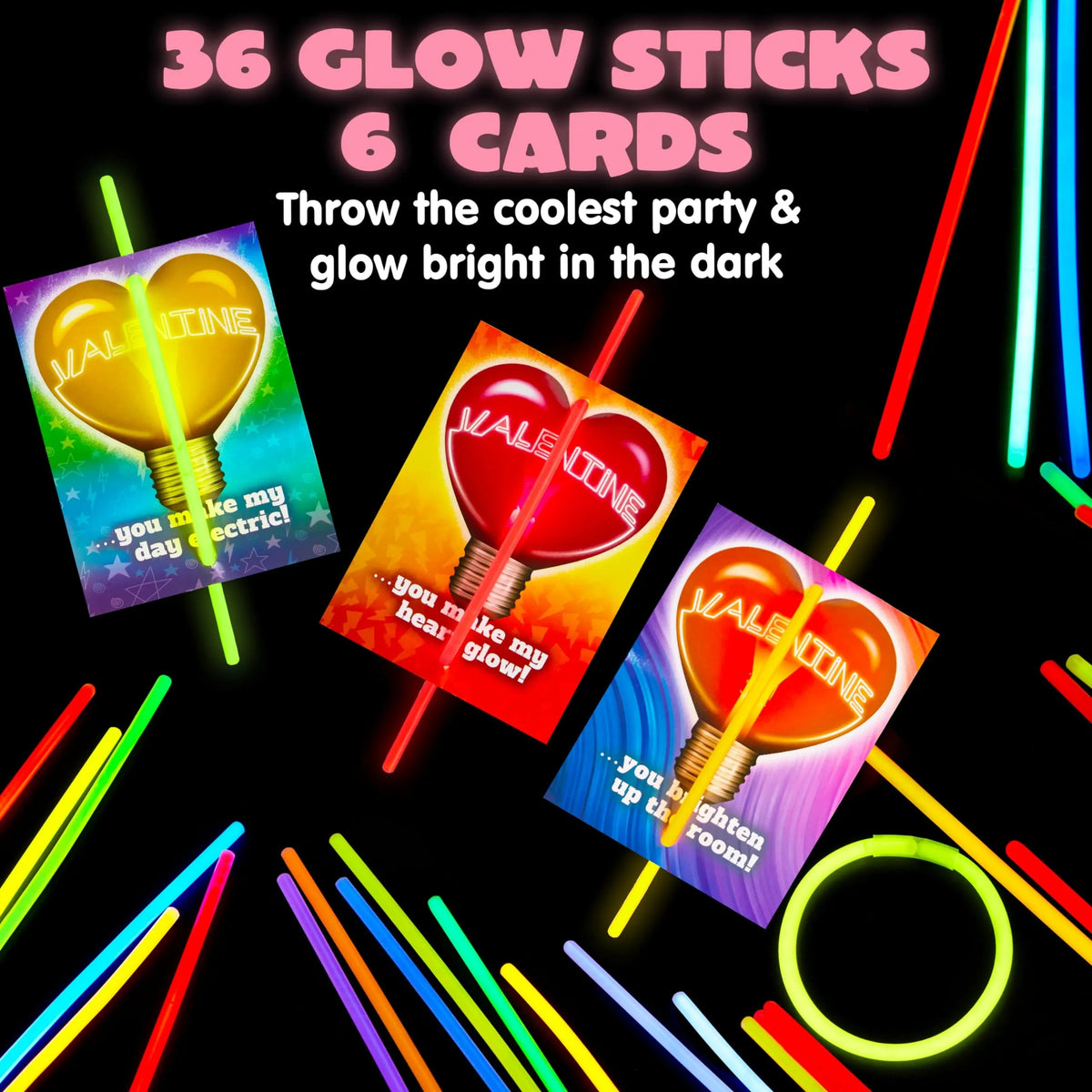 36 Neon Valentine's Day Cards with Glow Stick Bracelets for Classroom Exchange