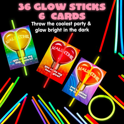 36 Neon Valentine's Day Cards with Glow Stick Bracelets for Classroom Exchange