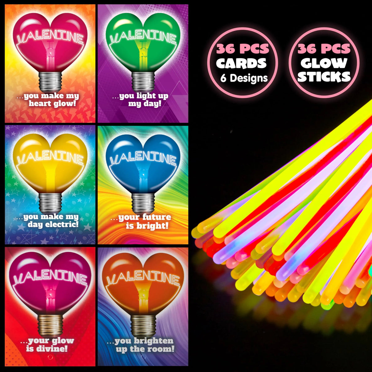 36 Neon Valentine's Day Cards with Glow Stick Bracelets for Classroom Exchange