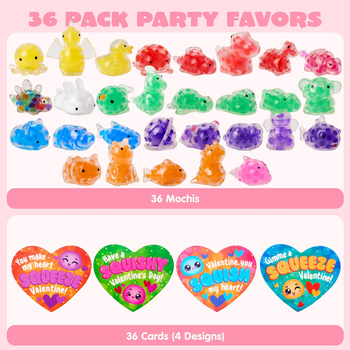 36 Pack Valentine's Day Heart Cards with Jelly Squishy Toys for Classroom Exchange