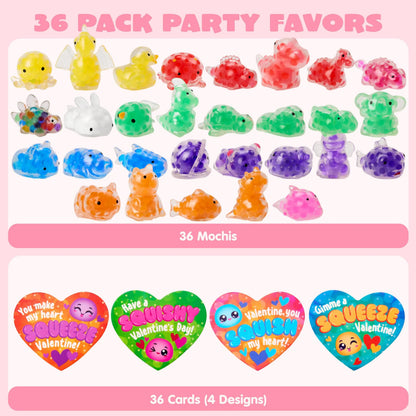 36 Pack Valentine's Day Heart Cards with Jelly Squishy Toys for Classroom Exchange