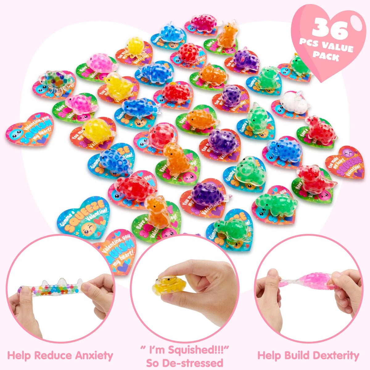 36 Pack Valentine's Day Heart Cards with Jelly Squishy Toys for Classroom Exchange