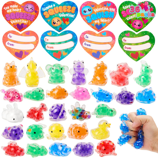 36 Pack Valentine's Day Heart Cards with Jelly Squishy Toys for Classroom Exchange