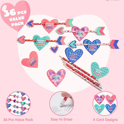 36-Pack Kids Valentine's Cards with Cupid's Arrow Pencils - Classroom Exchange Gifts