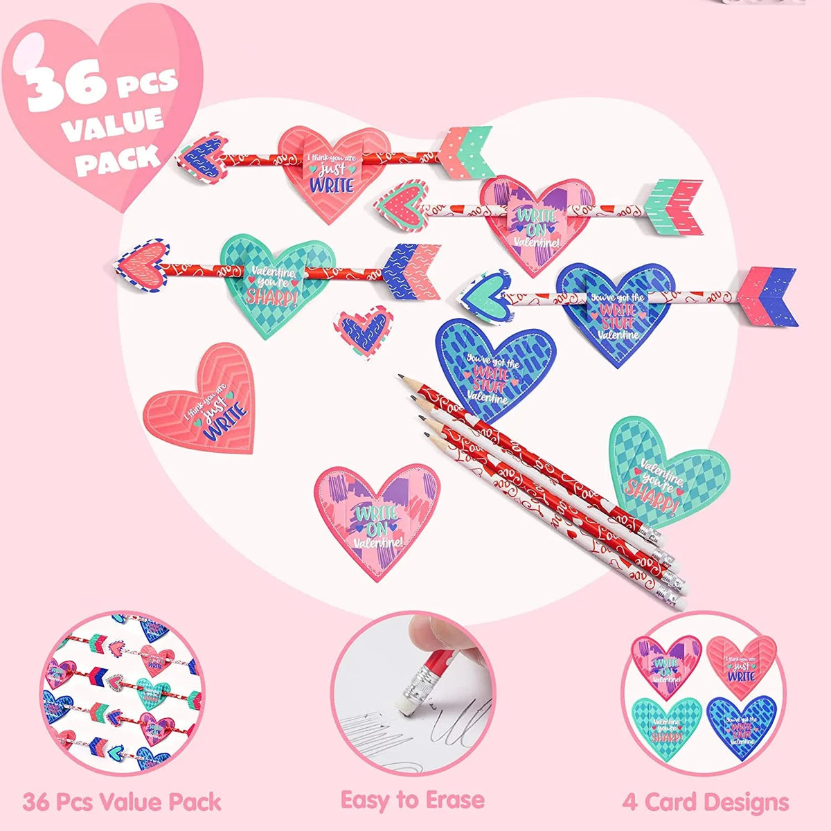 36-Pack Kids Valentine's Cards with Cupid's Arrow Pencils - Classroom Exchange Gifts