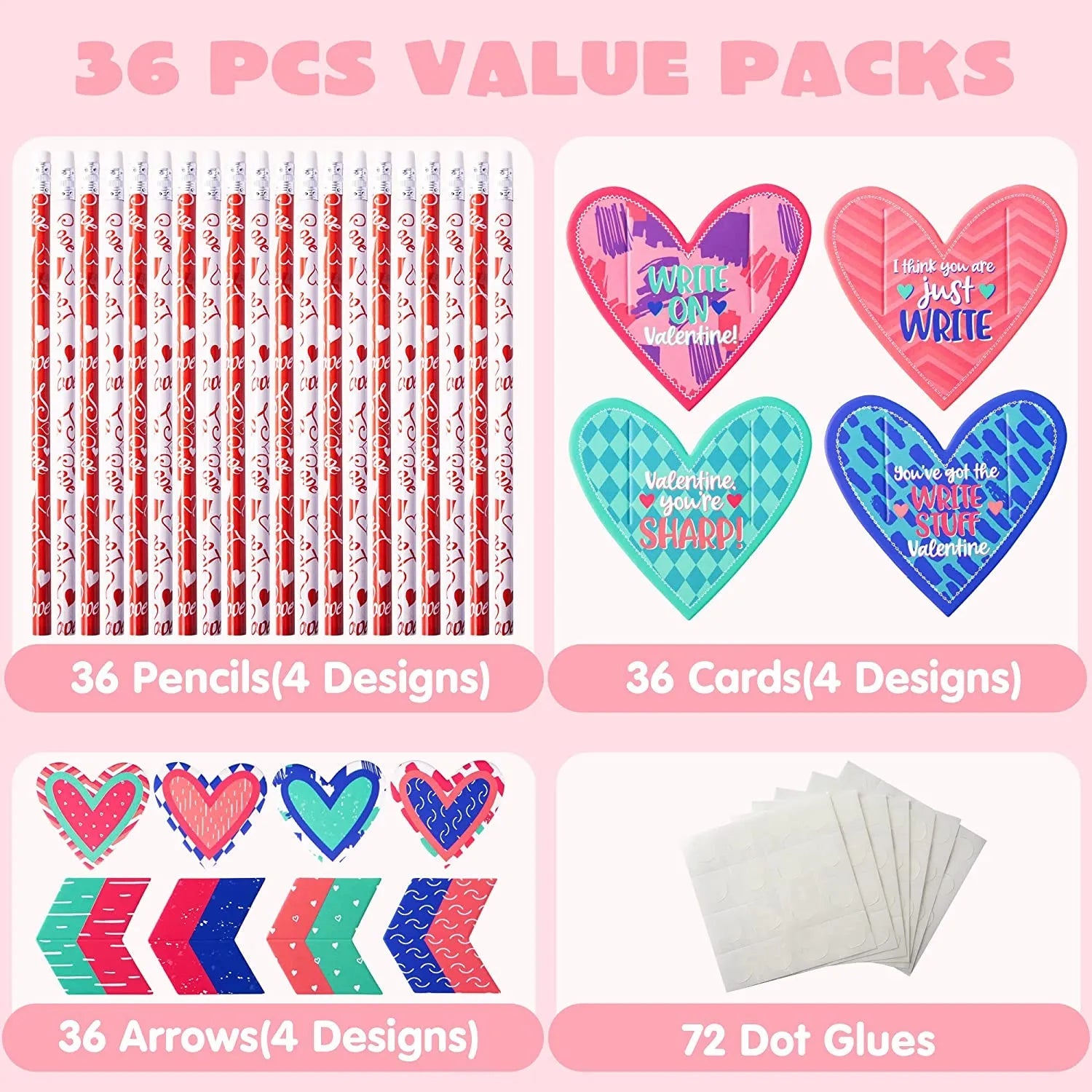36-Pack Kids Valentine's Cards with Cupid's Arrow Pencils - Classroom Exchange Gifts