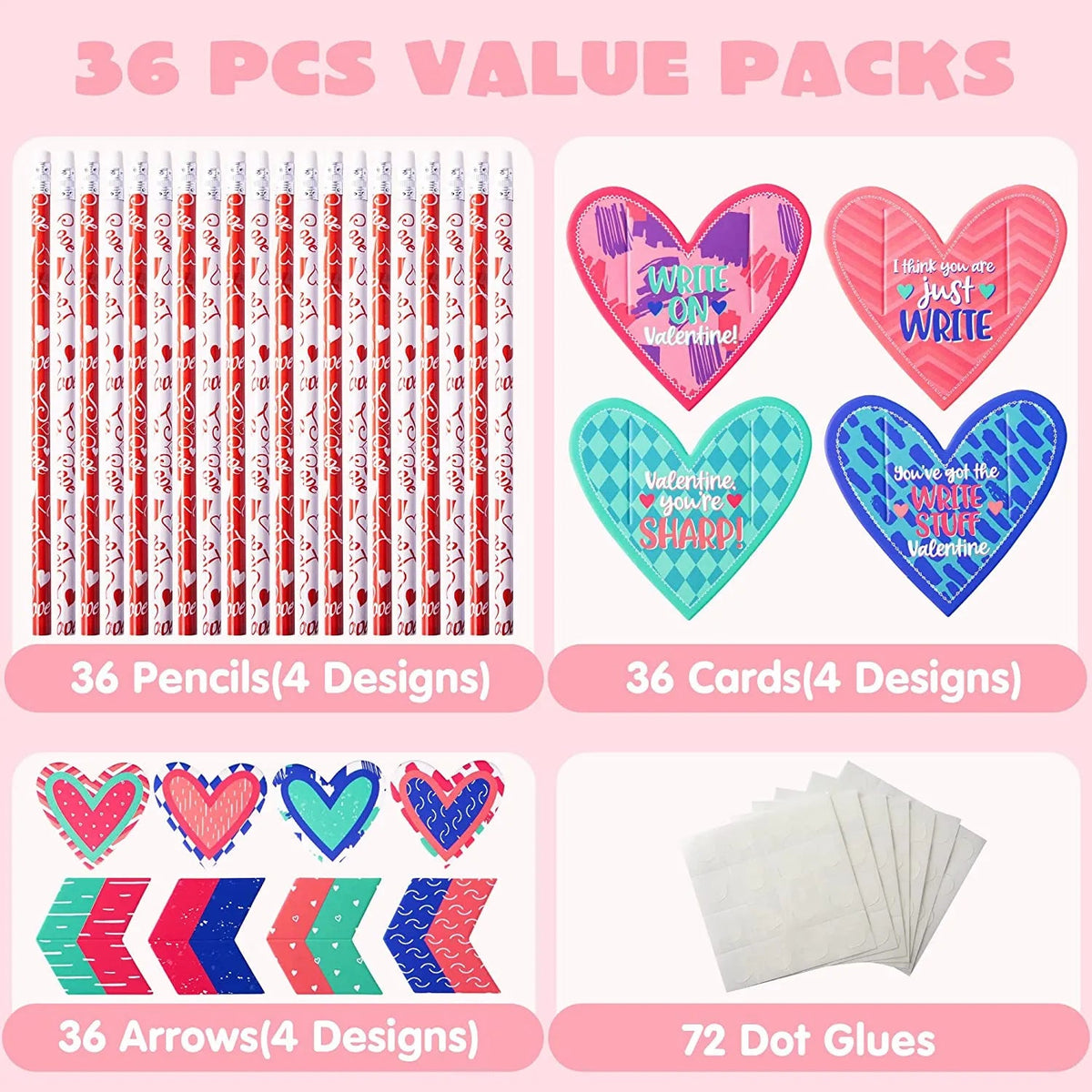 36-Pack Kids Valentine's Cards with Cupid's Arrow Pencils - Classroom Exchange Gifts