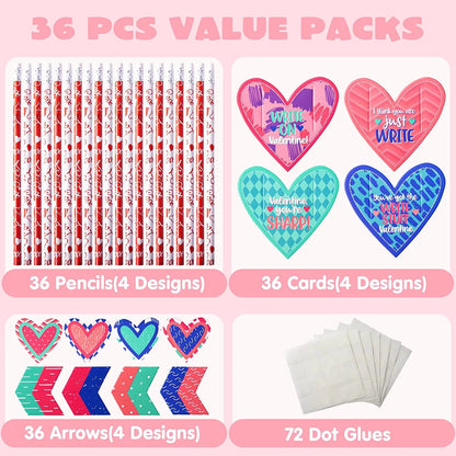 36-Pack Kids Valentine's Cards with Cupid's Arrow Pencils - Classroom Exchange Gifts
