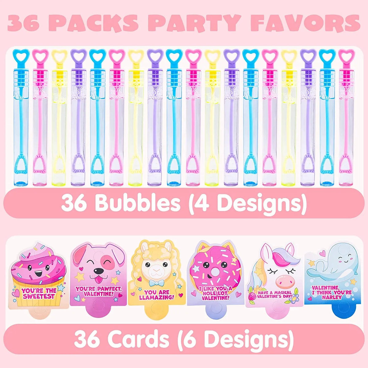 36 Unicorn Bubble Wands with Valentine's Day Cards for Kids Classroom Exchange Gifts