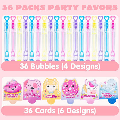 36 Unicorn Bubble Wands with Valentine's Day Cards for Kids Classroom Exchange Gifts