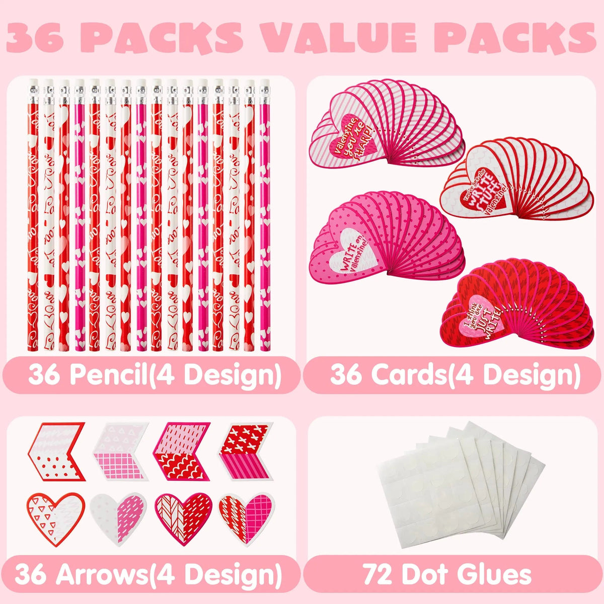 36 Valentine's Day Arrow Pencils with Cards for Kids - Classroom Exchange Gifts