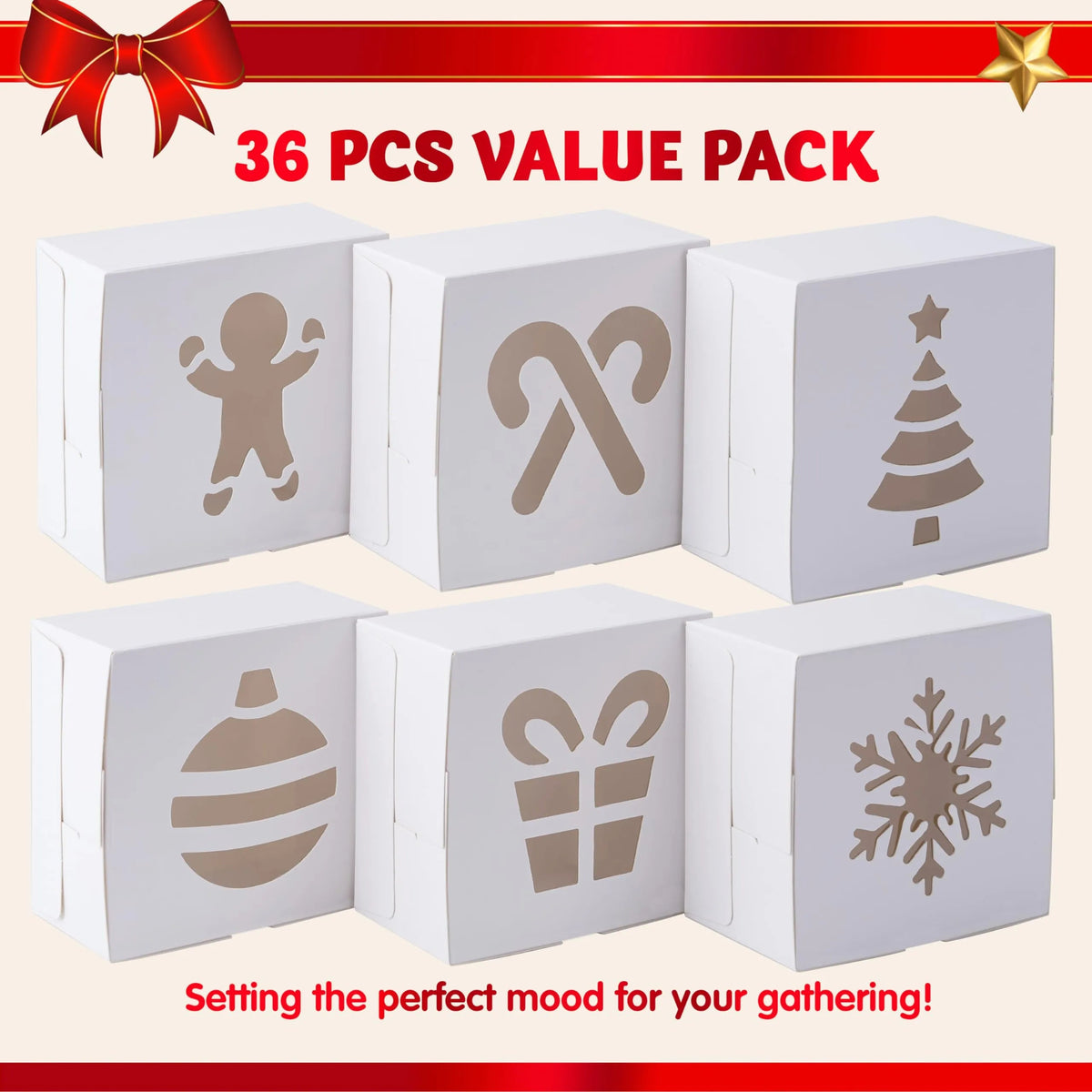 36-Pack Christmas White Bakery Boxes with Window, 4x4x2.5 Inches