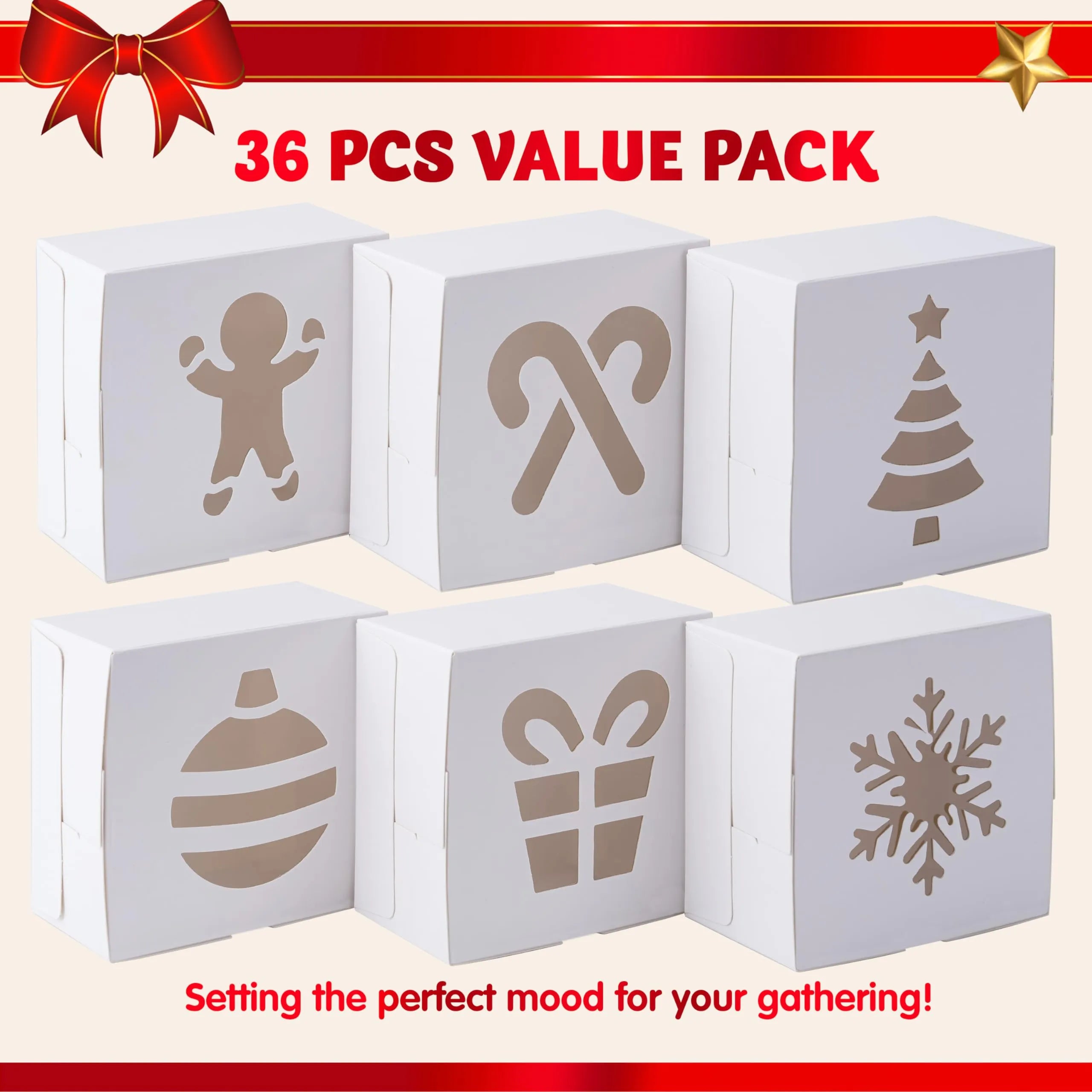 36-Pack Christmas White Bakery Boxes with Window, 4x4x2.5 Inches