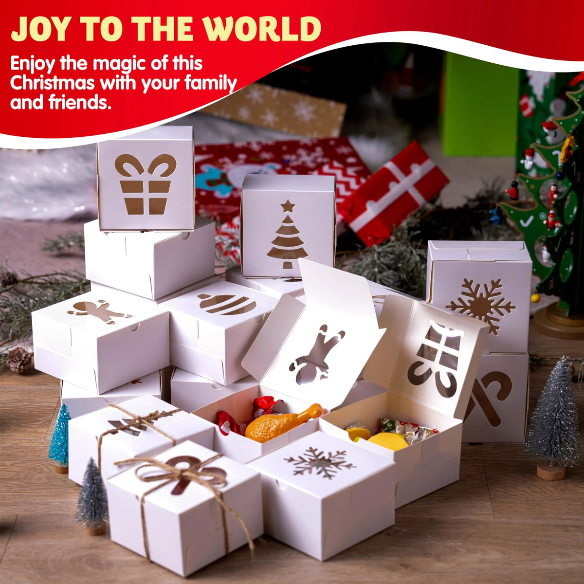 36-Pack Christmas White Bakery Boxes with Window, 4x4x2.5 Inches