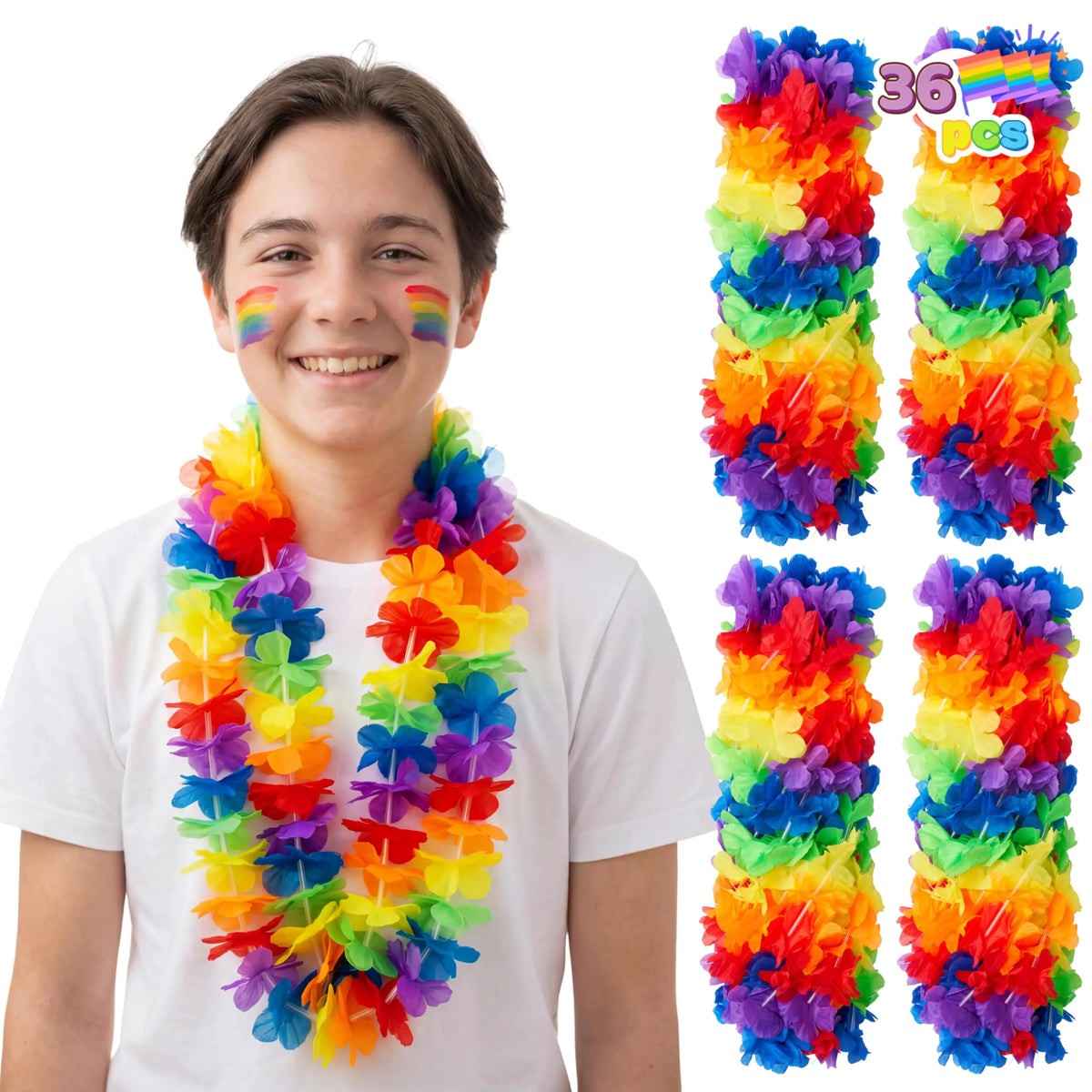 36 Rainbow Flower Leis Bulk Pride Party Necklaces
