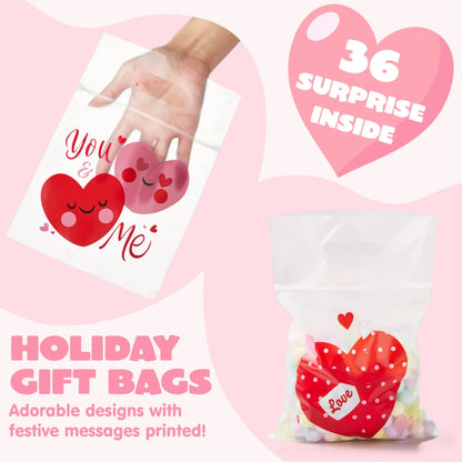 36 Pcs Valentine's Day Cellophane Gift Bags, Candy Treat Bags with 6 Designs for Kids Party Favor Supplies