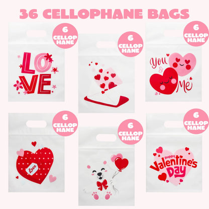 36 Pcs Valentine's Day Cellophane Gift Bags, Candy Treat Bags with 6 Designs for Kids Party Favor Supplies