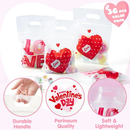36 Pcs Valentine's Day Cellophane Gift Bags, Candy Treat Bags with 6 Designs for Kids Party Favor Supplies