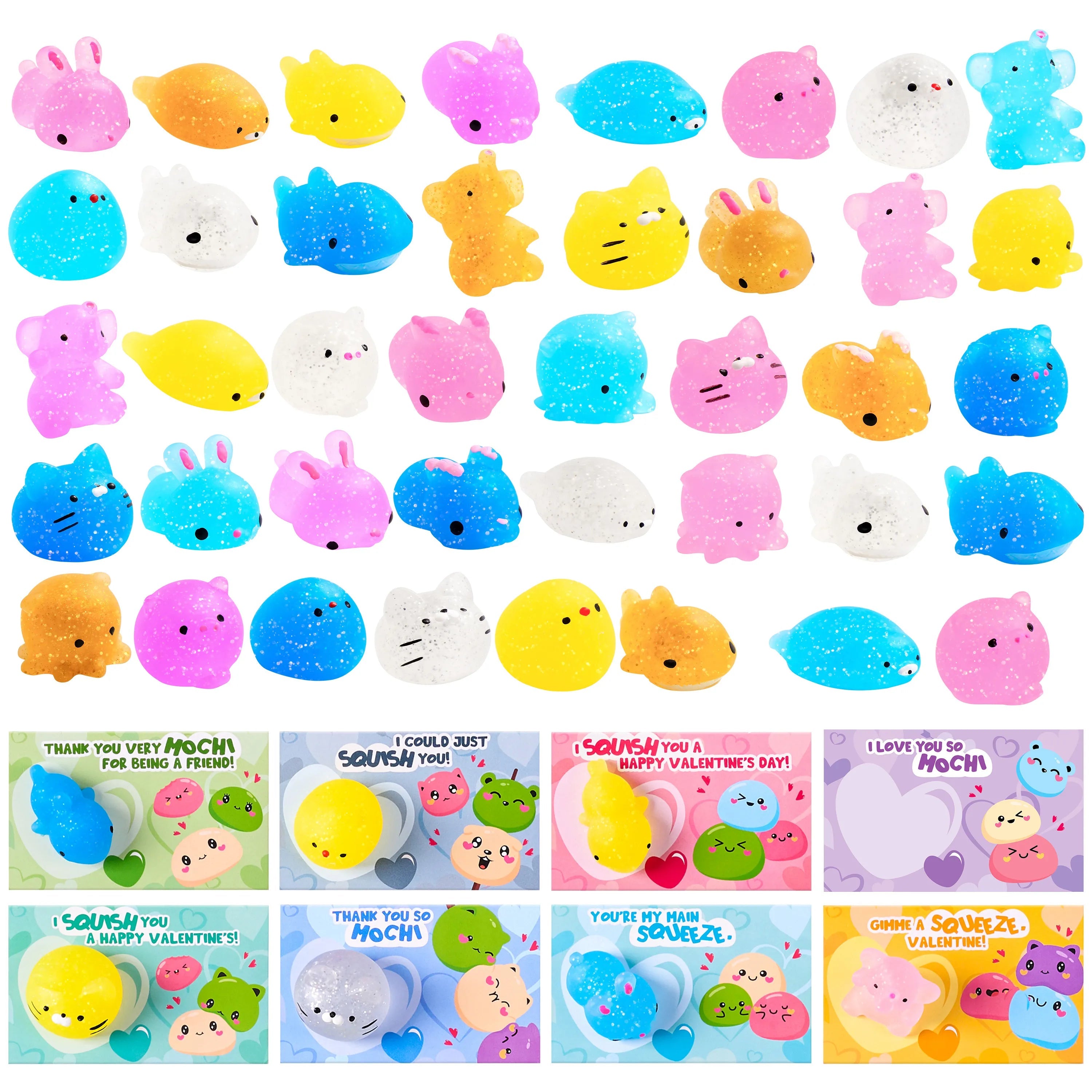 36 Packs Valentine's Day Gift Cards with Glitter Mochi Squishy Toys