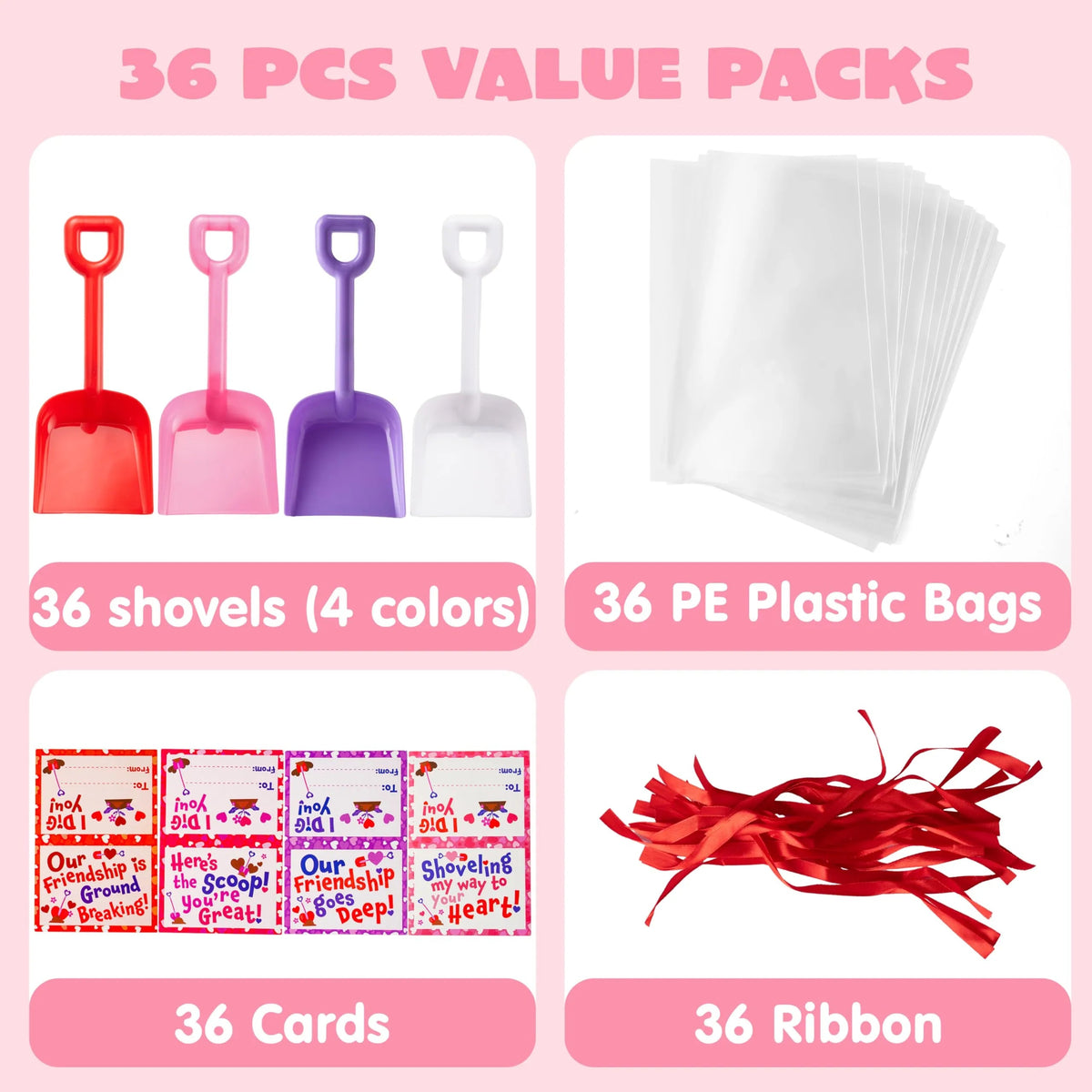 36 Plastic Shovels with Valentine's Day Cards for Kids - Classroom Exchange Gifts