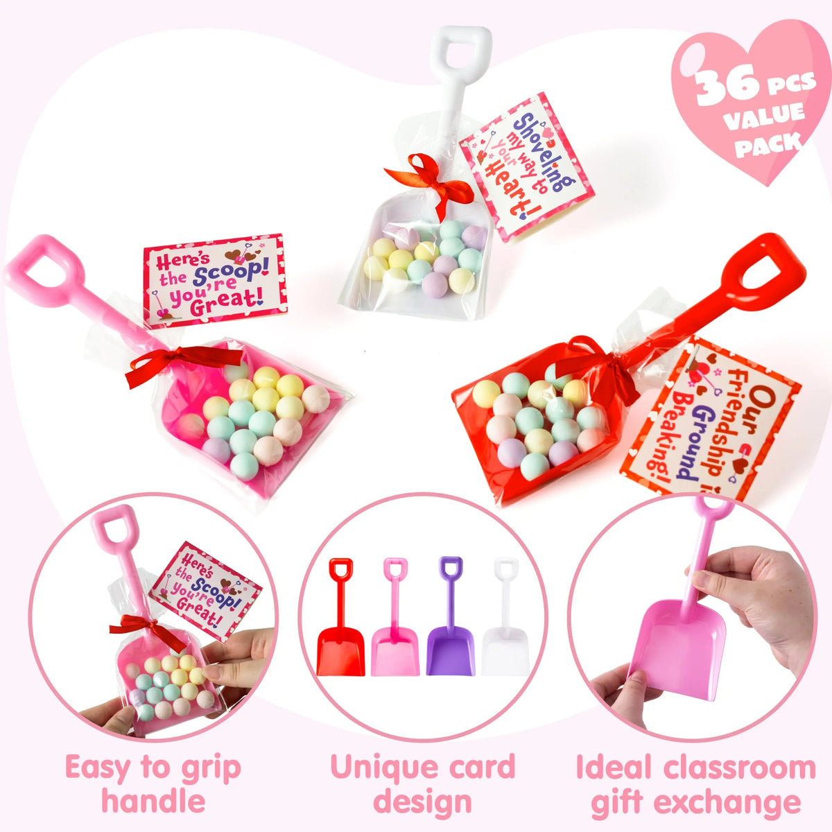 36 Plastic Shovels with Valentine's Day Cards for Kids - Classroom Exchange Gifts