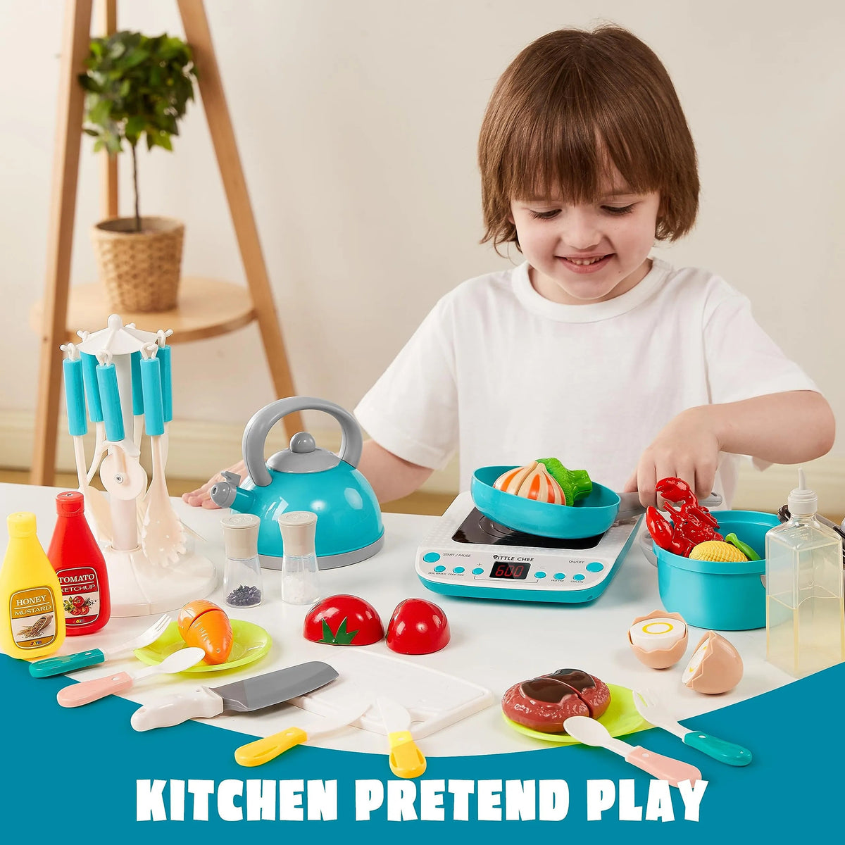 37-Piece Kids Kitchen Playset - Toddler Pretend Cooking Toy Set with Pots, Pans, Utensils, Play Food, and Cutting Vegetables