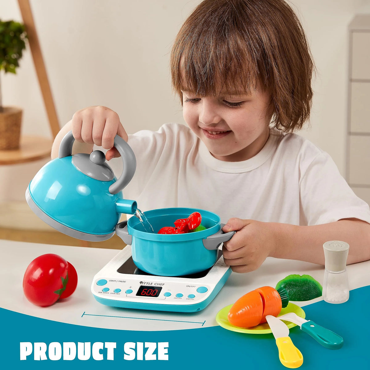 37-Piece Kids Kitchen Playset - Toddler Pretend Cooking Toy Set with Pots, Pans, Utensils, Play Food, and Cutting Vegetables