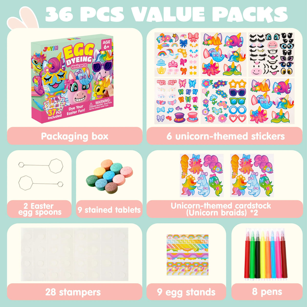 37-Piece Unicorn Easter Egg Dye Kit for Kids' Parties & Activities