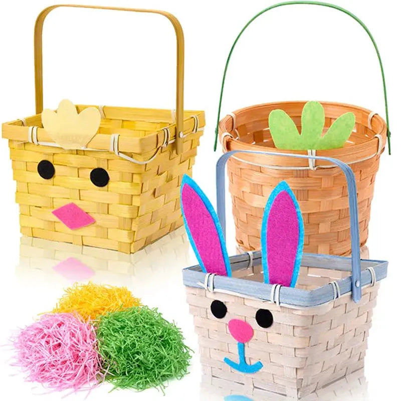 Set of 3 Easter Bamboo Baskets with Bunny, Chick, and Carrot Designs for Baby's First Easter