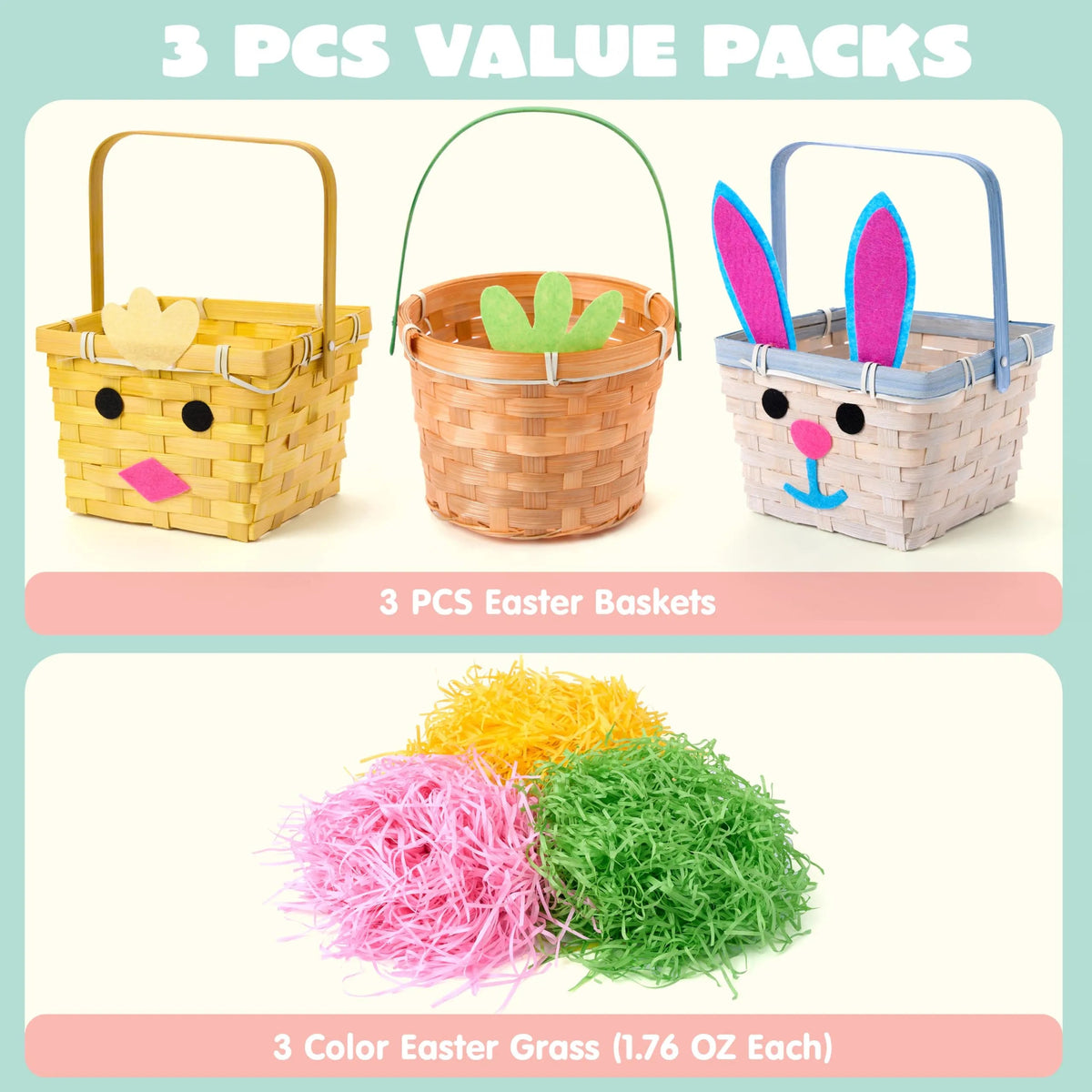 Set of 3 Easter Bamboo Baskets with Bunny, Chick, and Carrot Designs for Baby's First Easter