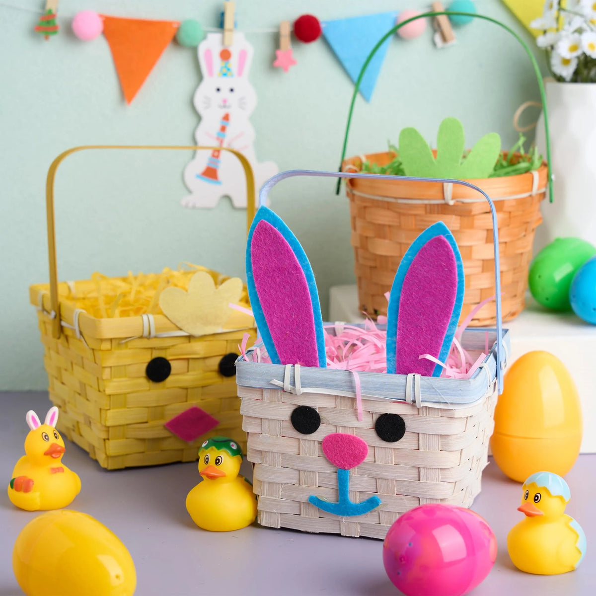 Set of 3 Easter Bamboo Baskets with Bunny, Chick, and Carrot Designs for Baby's First Easter