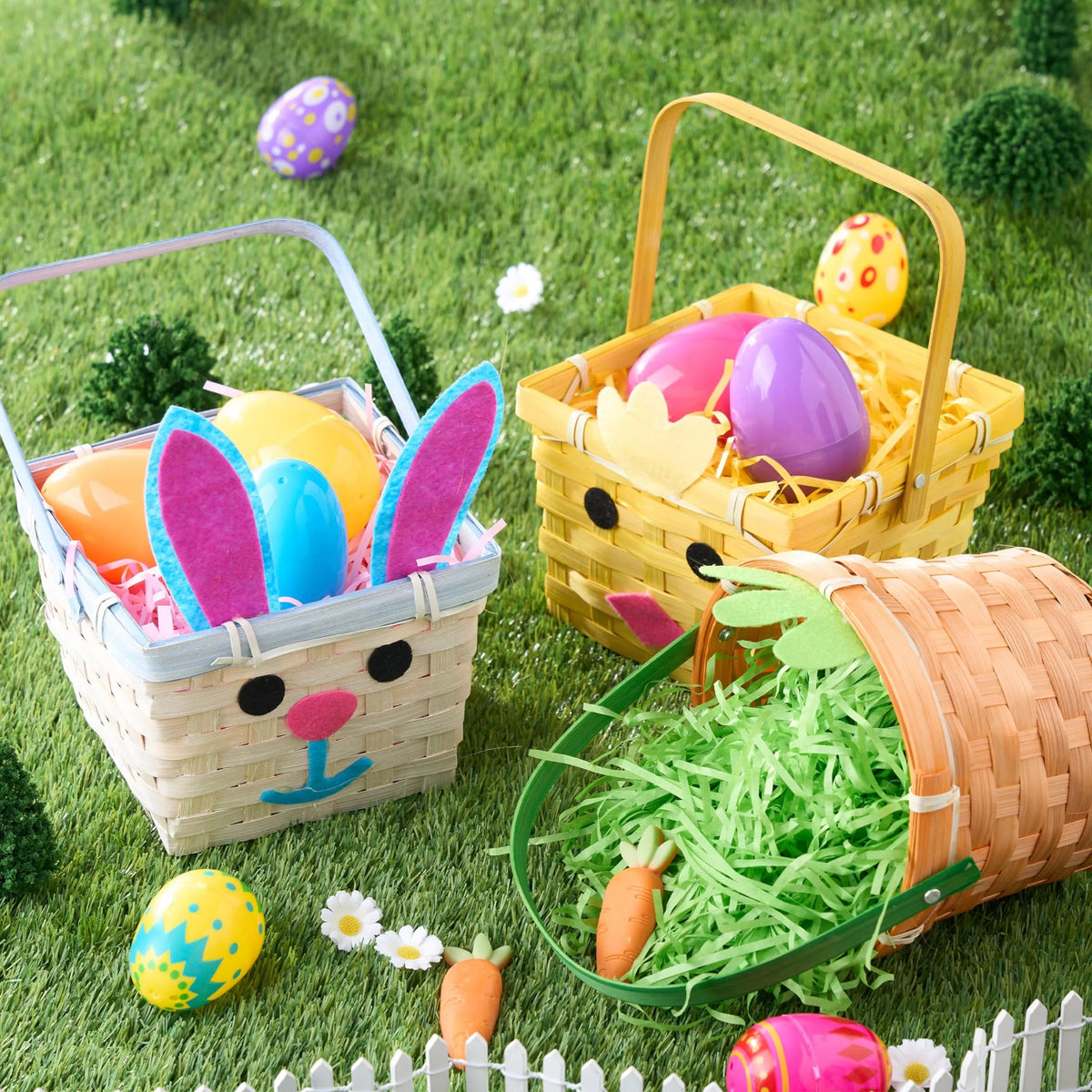 Set of 3 Easter Bamboo Baskets with Bunny, Chick, and Carrot Designs for Baby's First Easter