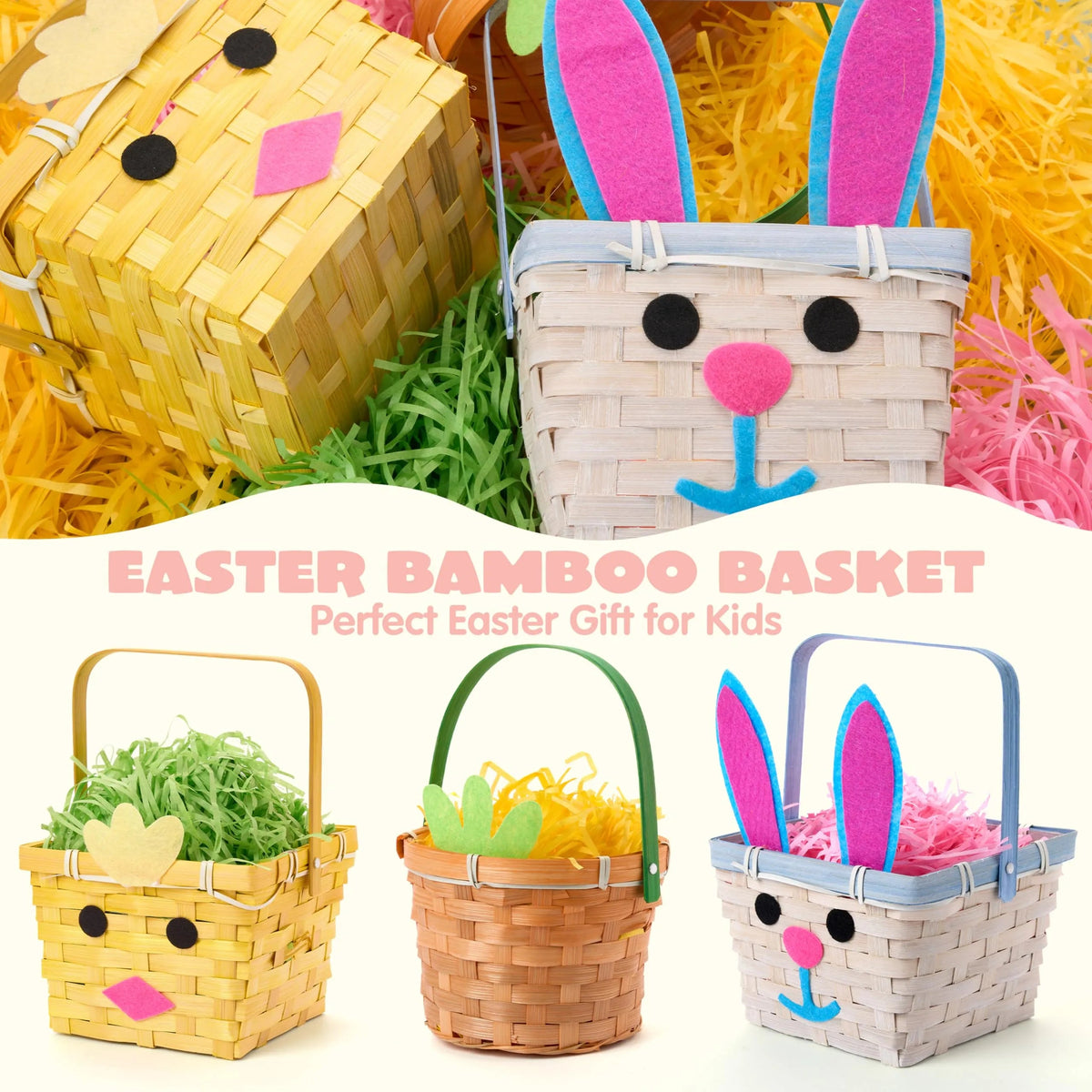 Set of 3 Easter Bamboo Baskets with Bunny, Chick, and Carrot Designs for Baby's First Easter