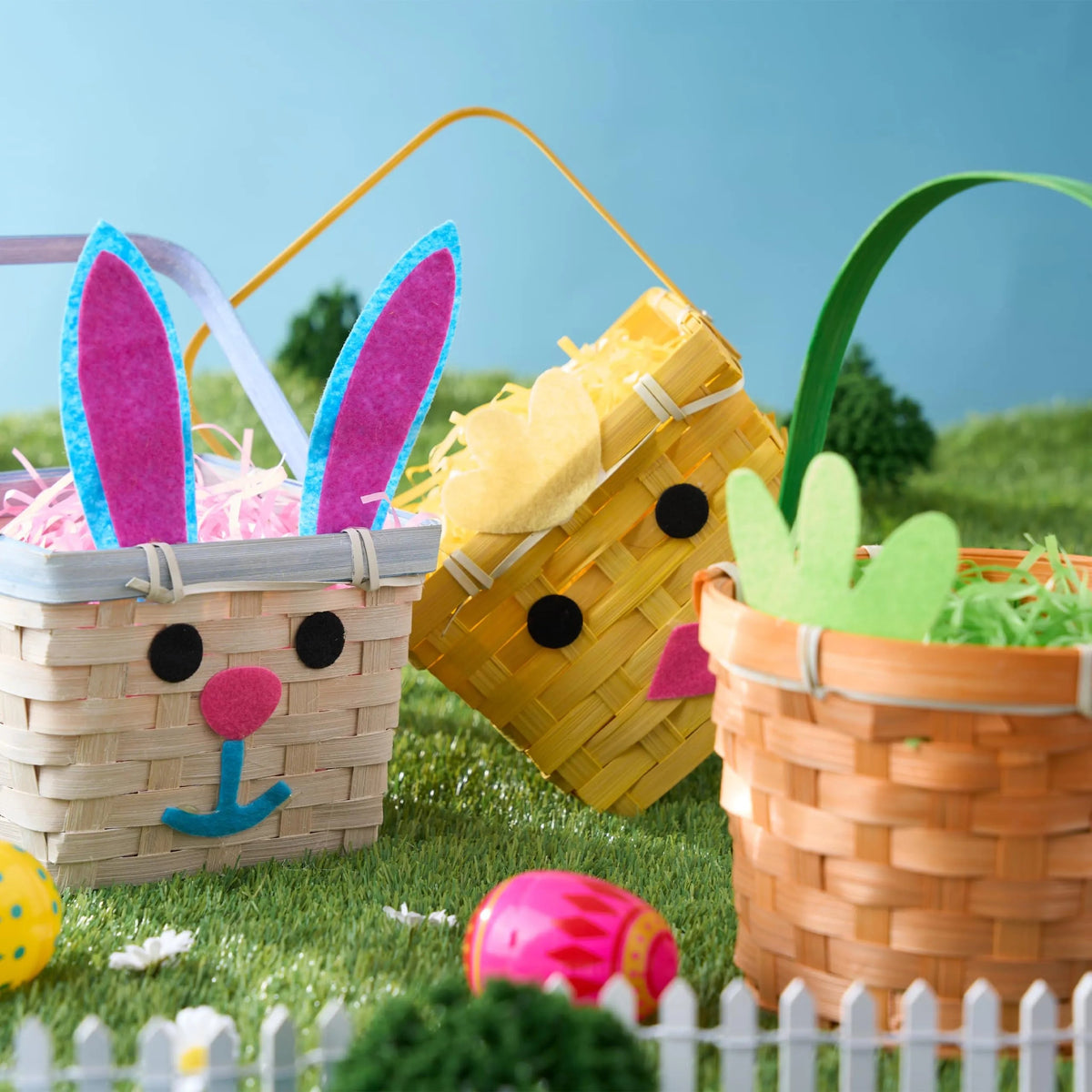 Set of 3 Easter Bamboo Baskets with Bunny, Chick, and Carrot Designs for Baby's First Easter