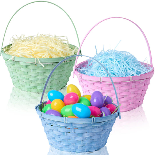 3-Pack Easter Bamboo Baskets with Folding Handles for Egg Hunts