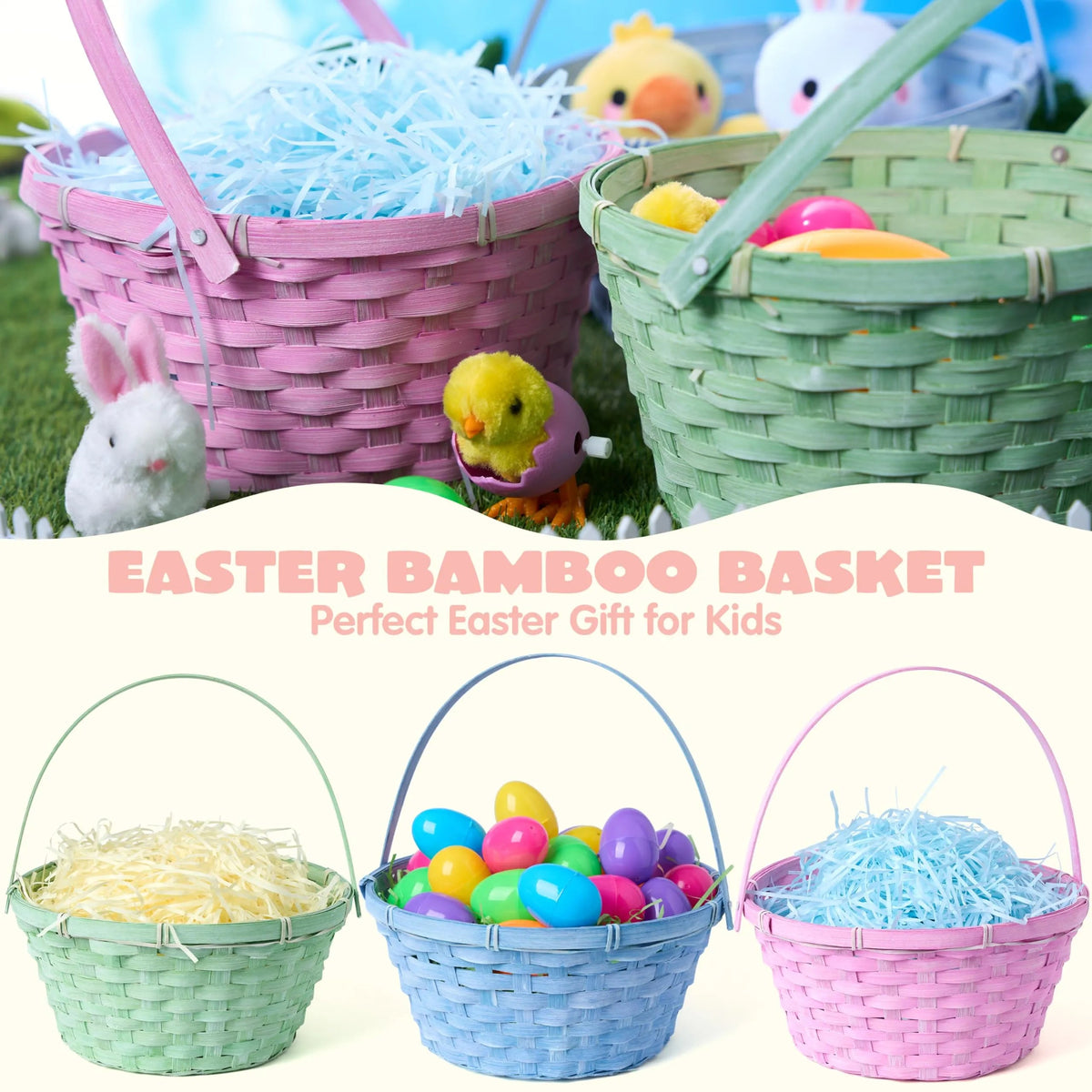 3-Pack Easter Bamboo Baskets with Folding Handles for Egg Hunts