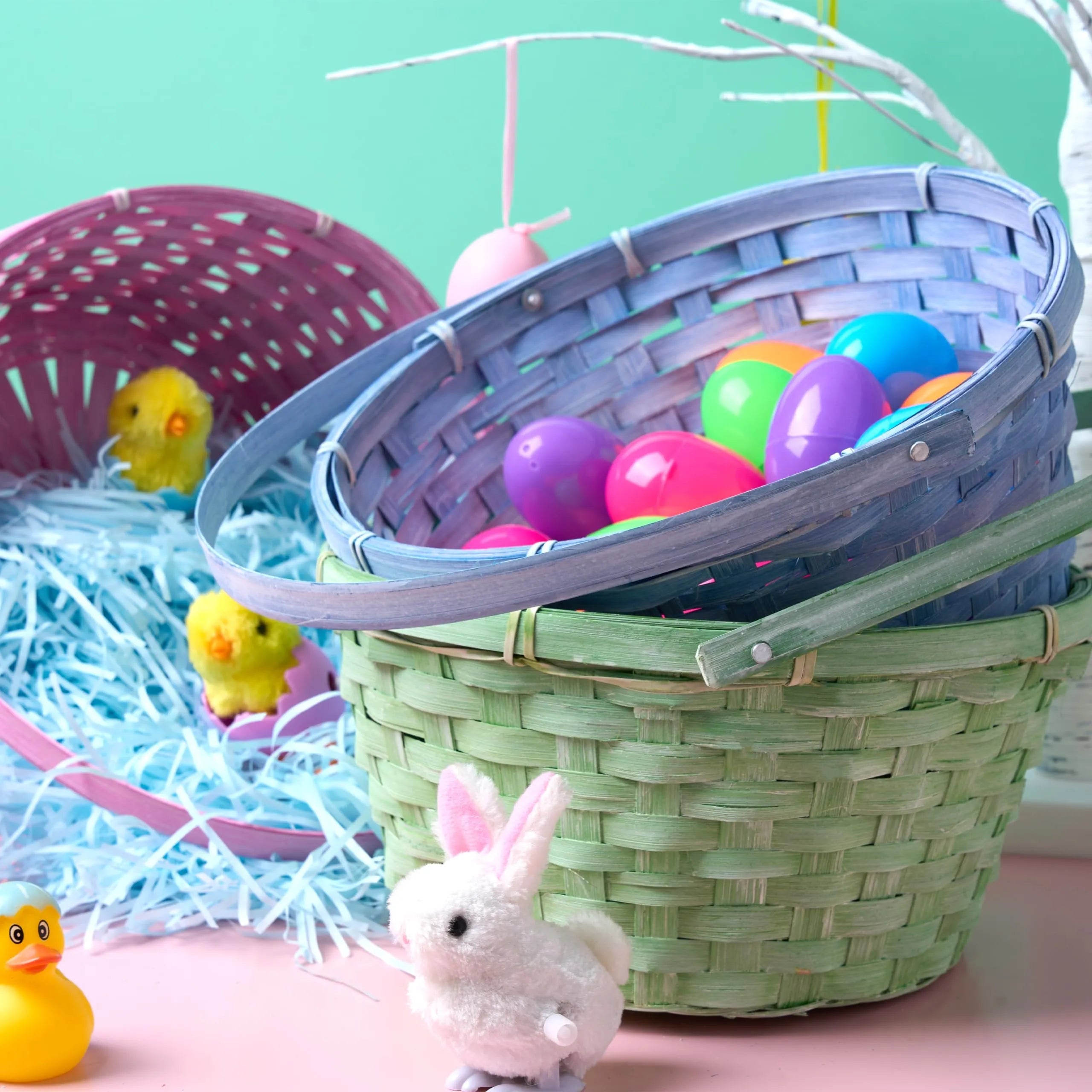 3-Pack Easter Bamboo Baskets with Folding Handles for Egg Hunts