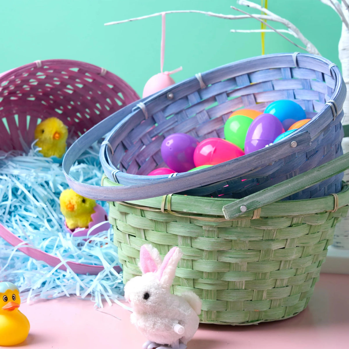 3-Pack Easter Bamboo Baskets with Folding Handles for Egg Hunts
