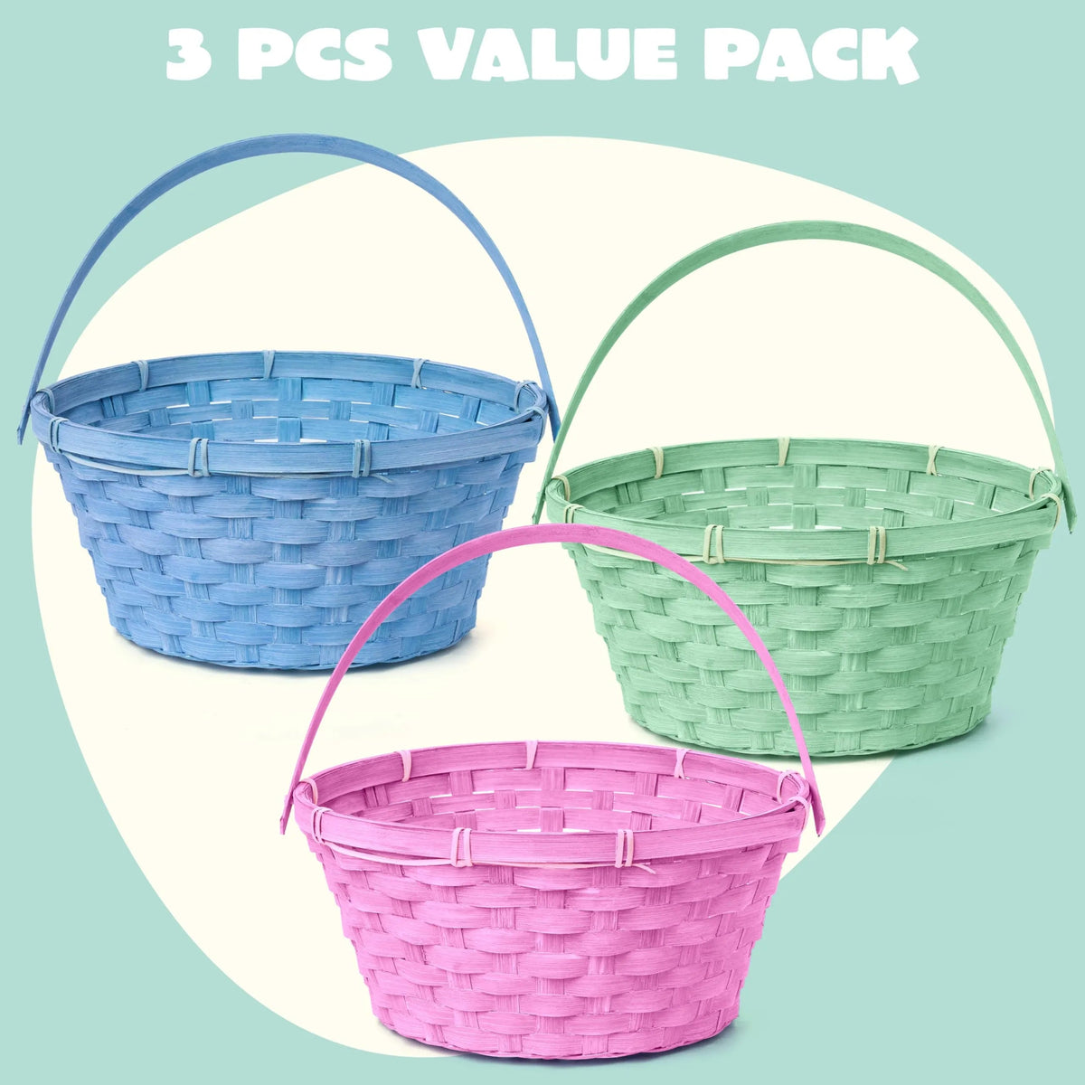 3-Pack Easter Bamboo Baskets with Folding Handles for Egg Hunts